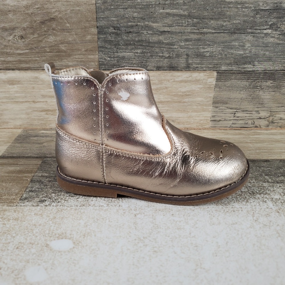 Stride Rite Stella Girls Ankle Boot Sz 10 W Gold Leather Side Zip Perforated Toe